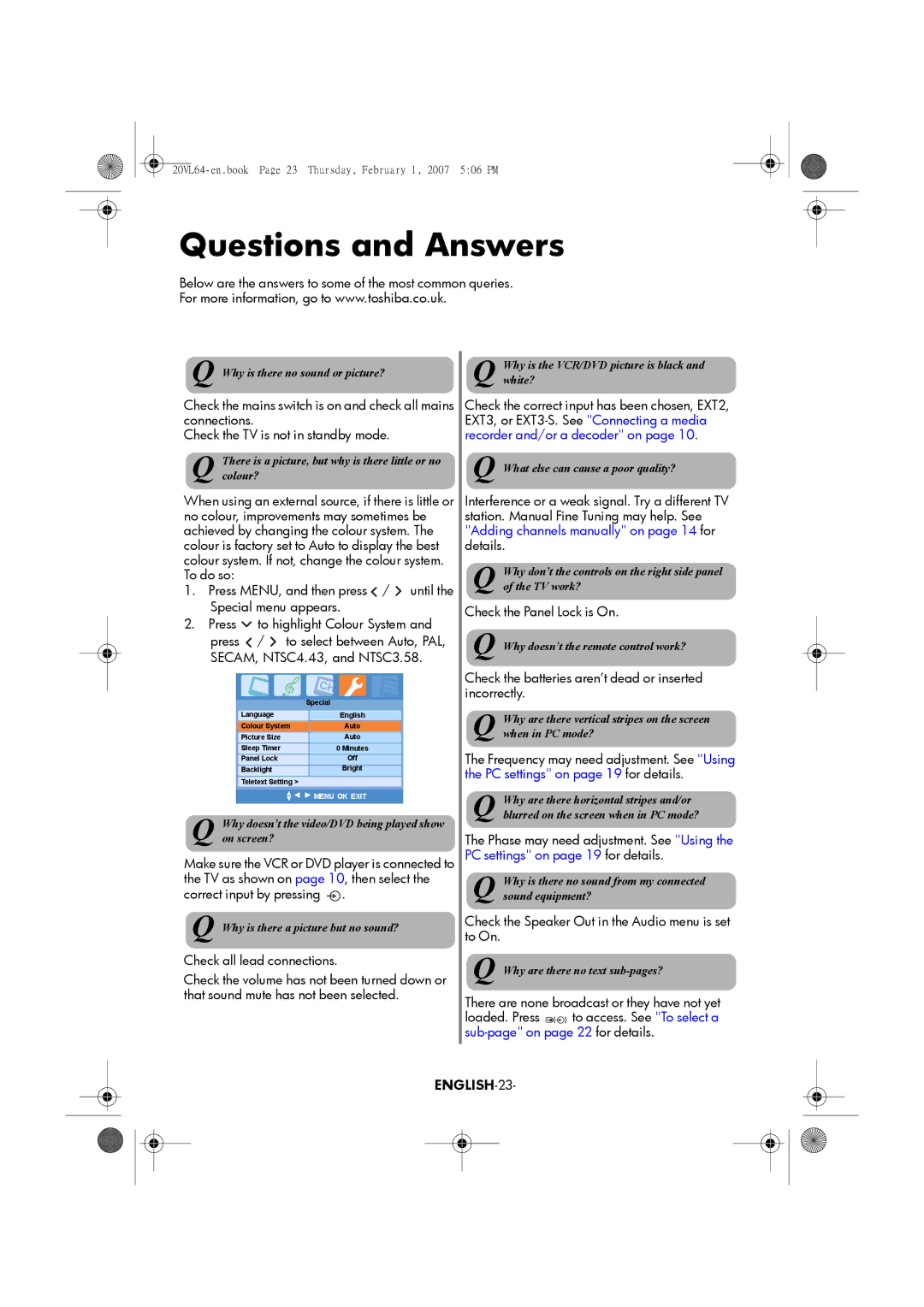 Toshiba 15VL64, 20VL64 manual Questions and Answers, ENGLISH-23 