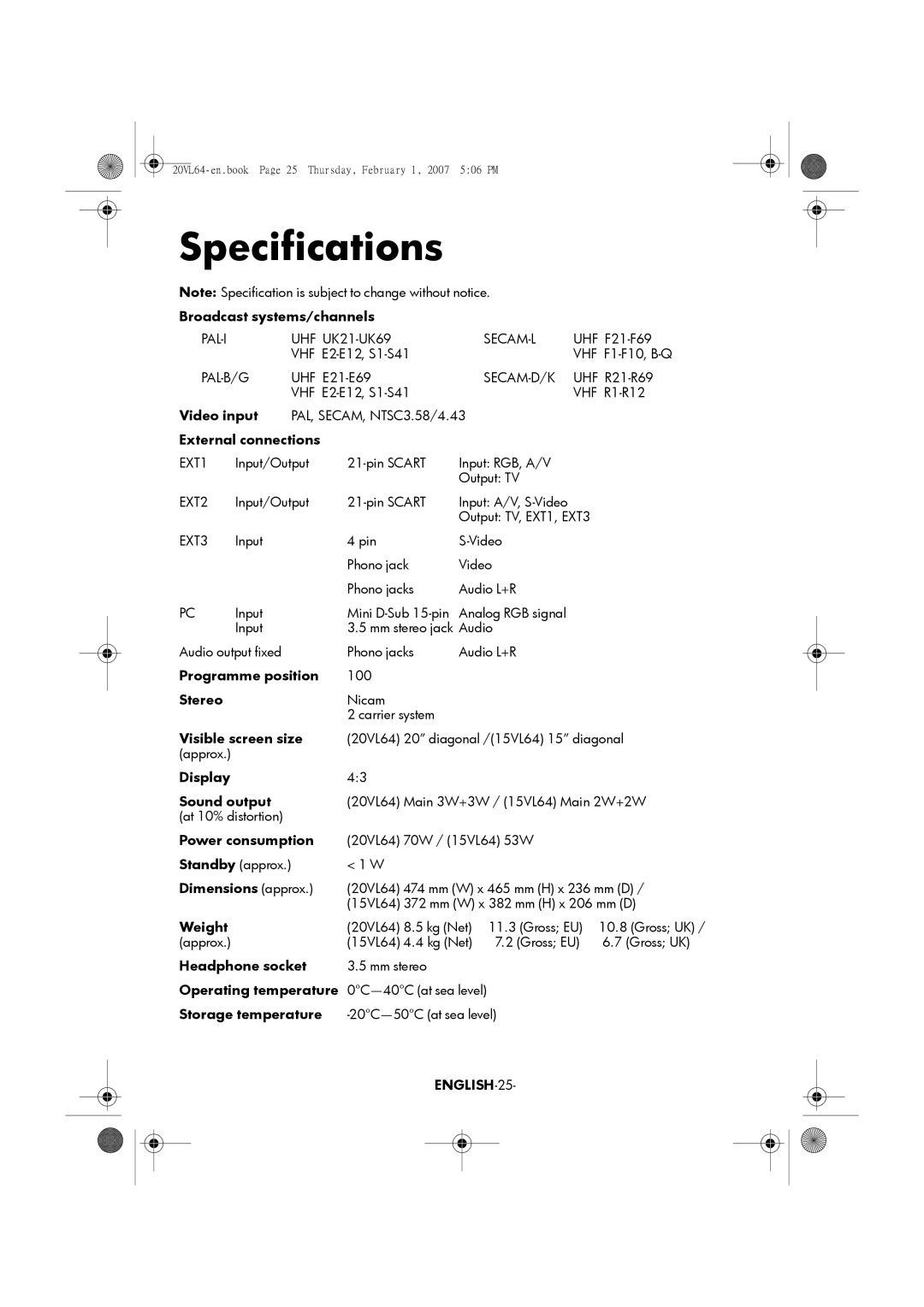 Toshiba 15VL64, 20VL64 manual ENGLISH-25 