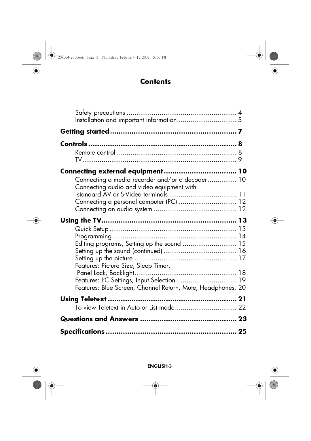 Toshiba 15VL64, 20VL64 manual Contents 