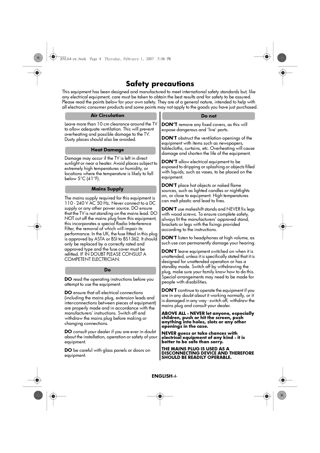 Toshiba 20VL64, 15VL64 manual Safety precautions, Air Circulation, Heat Damage, Mains Supply, Do not 