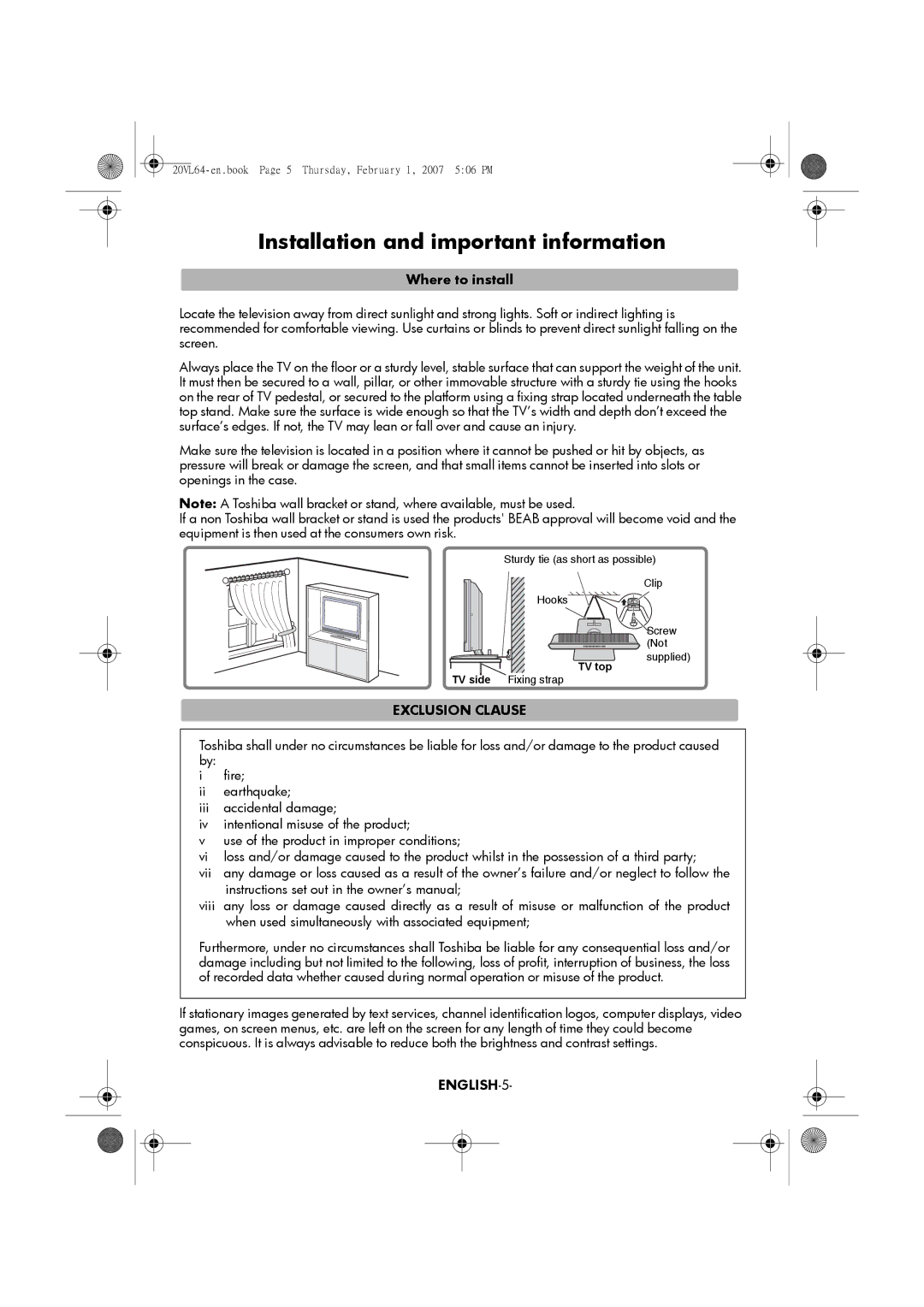 Toshiba 15VL64, 20VL64 manual Installation and important information, Where to install, Exclusion Clause, ENGLISH-5 