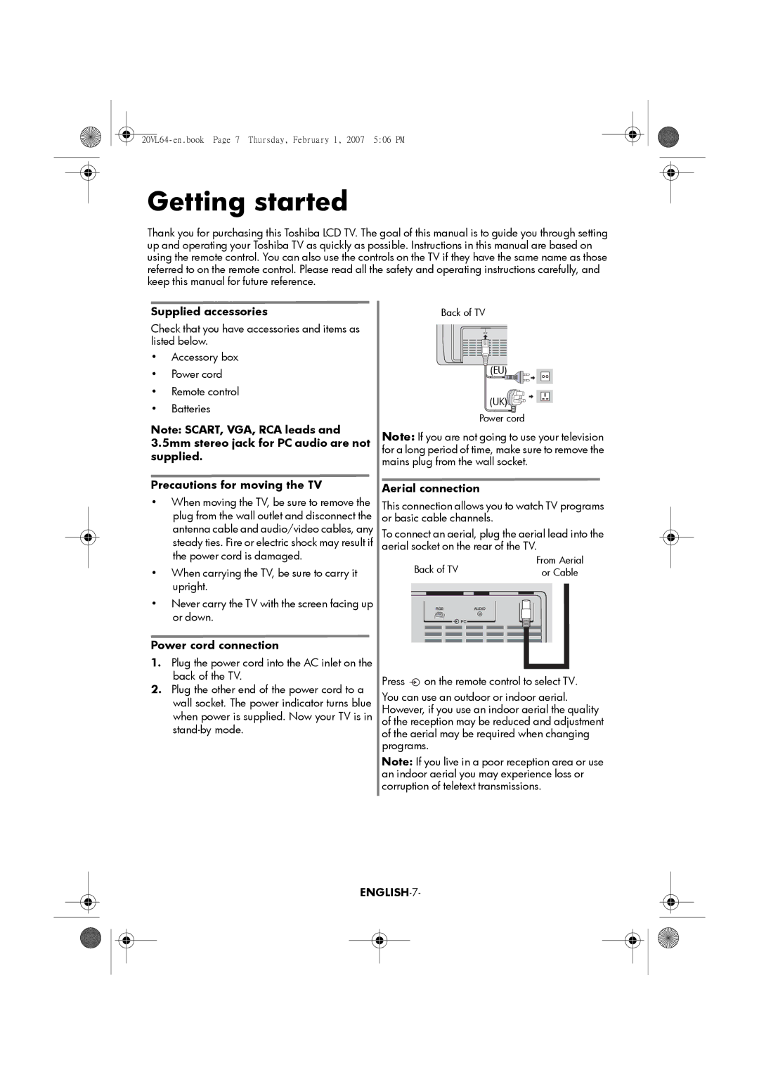 Toshiba 15VL64, 20VL64 manual Getting started, ENGLISH-7 