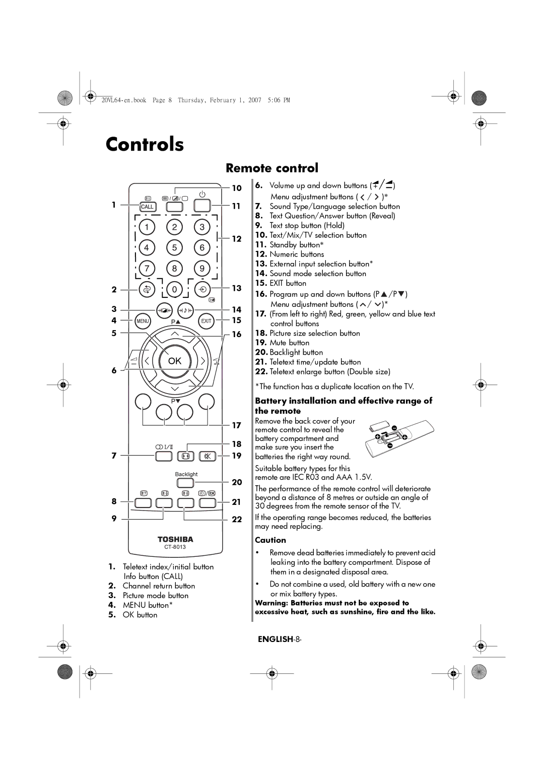 Toshiba 20VL64, 15VL64 manual Controls, Remote control, ENGLISH-8 