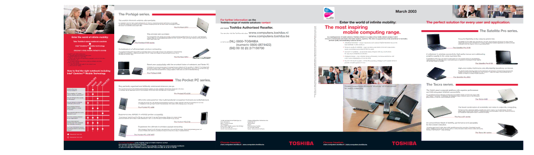 Toshiba 2100 specifications Countries Excepted, March 2003, Art All trademarks 