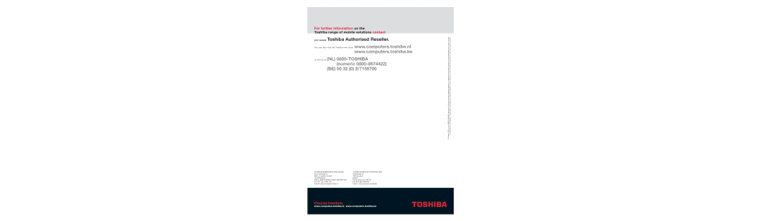 Toshiba 2100 specifications Or call us at NL 0800-TOSHIBA numeric Be 00 32 0 2/7158700 