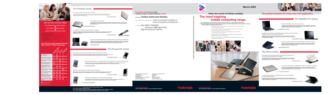 Toshiba 2100 specifications The most inspiring, mobile computing range, March, The Portégé series, The Pocket PC series 