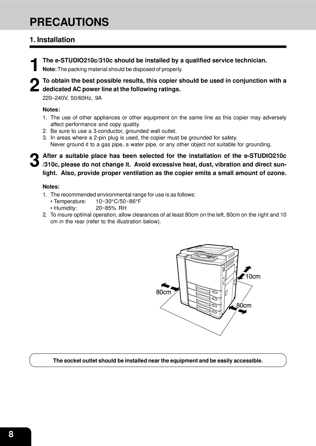 Toshiba 210C manual Precautions, Installation 