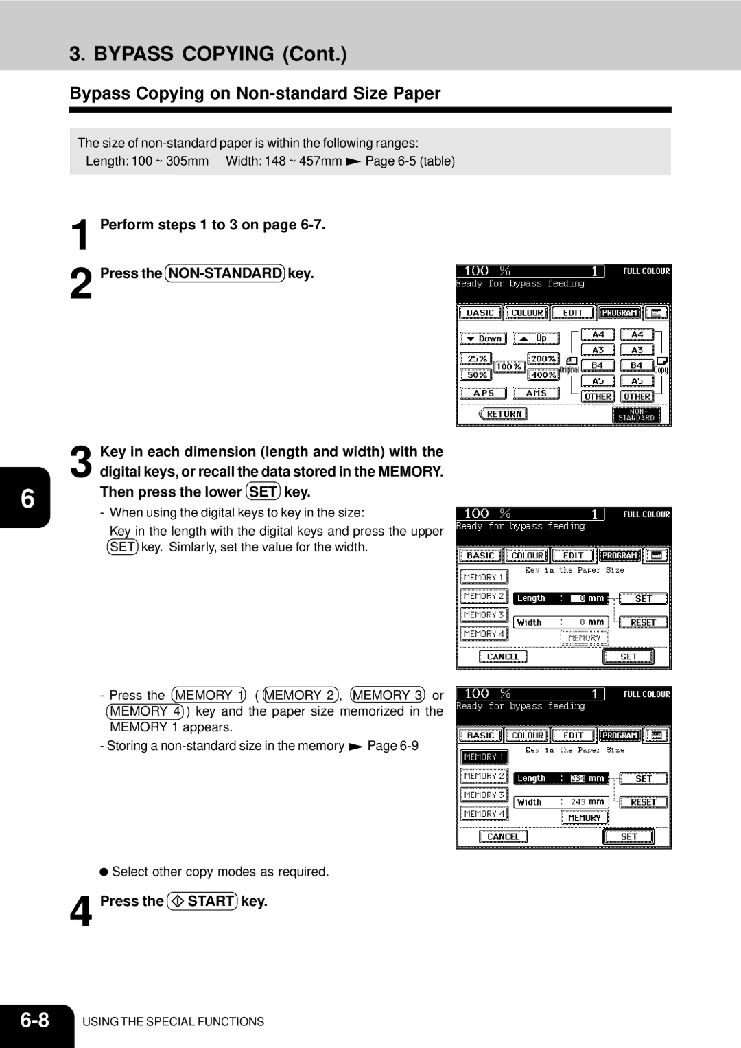 Toshiba 210C manual Bypass Copying on Non-standard Size Paper, Perform steps 1 to 3 on Press the NON-STANDARD key 