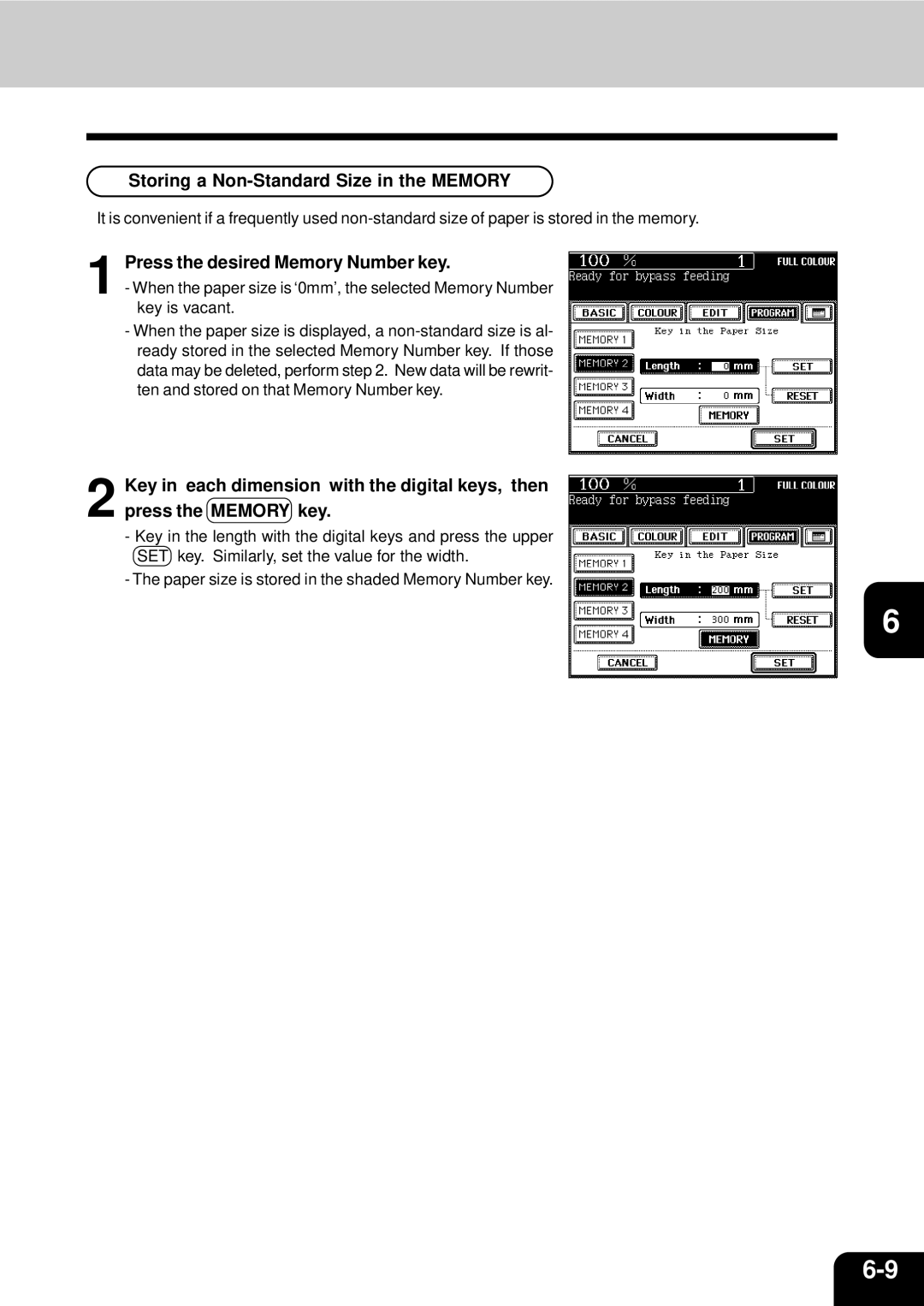 Toshiba 210C manual Storing a Non-Standard Size in the Memory, Press the desired Memory Number key 