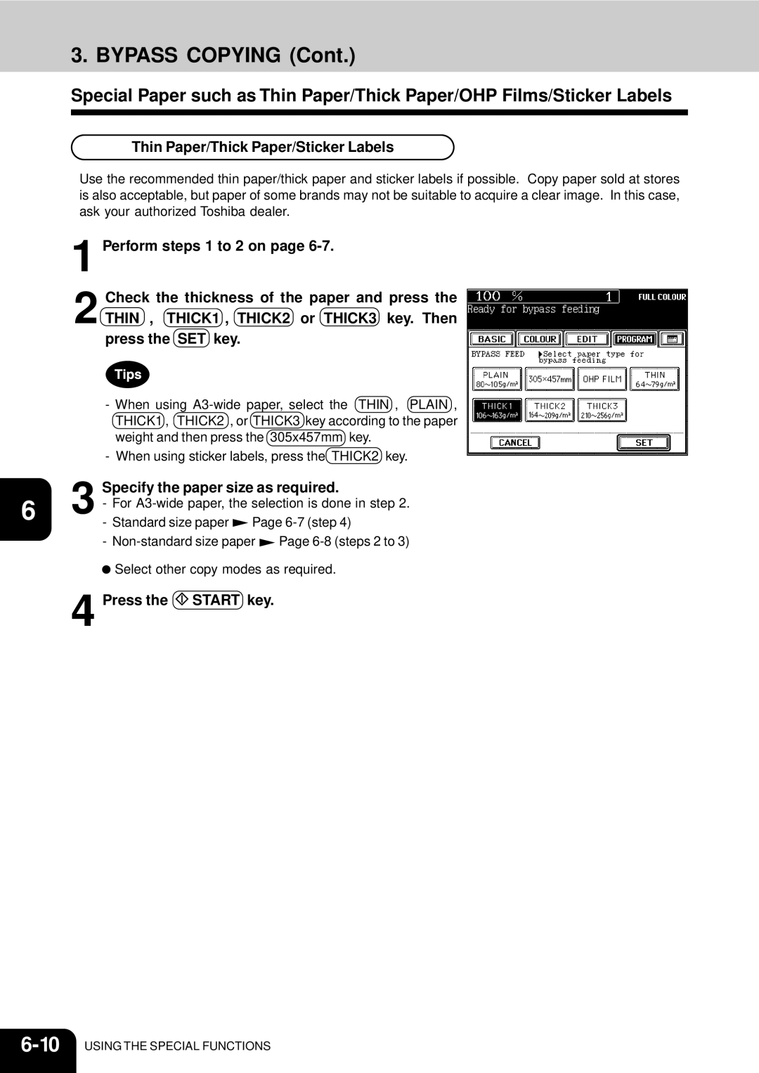 Toshiba 210C manual Thin Paper/Thick Paper/Sticker Labels, Specify the paper size as required 