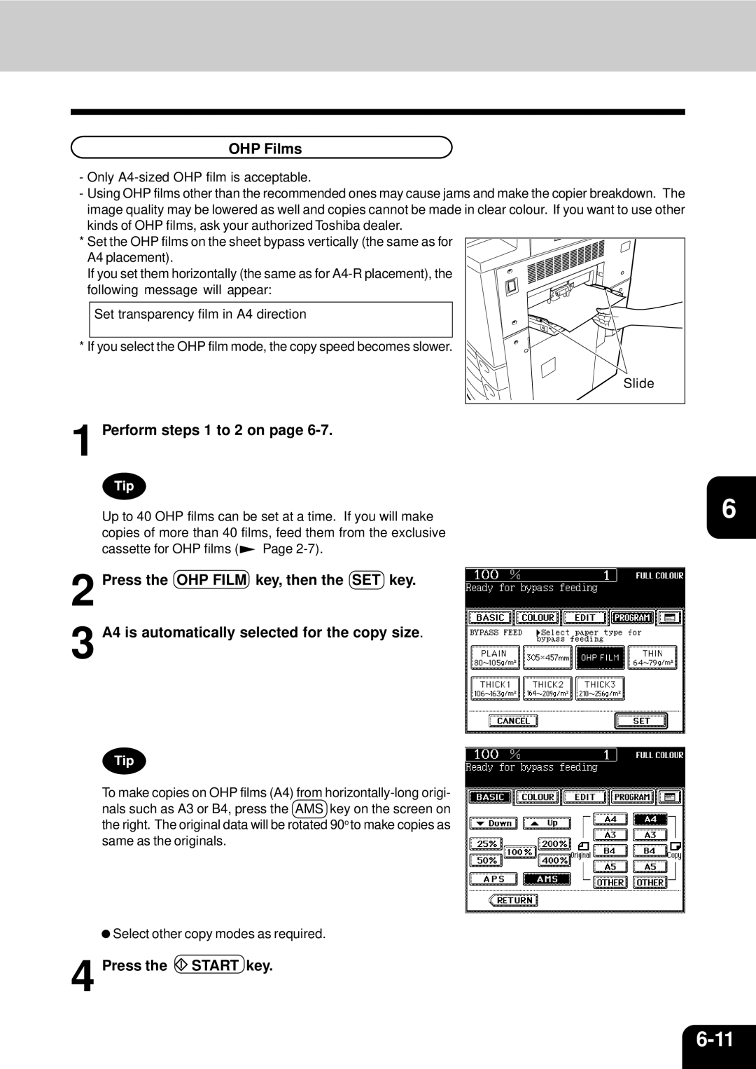 Toshiba 210C manual OHP Films, Perform steps 1 to 2 on 