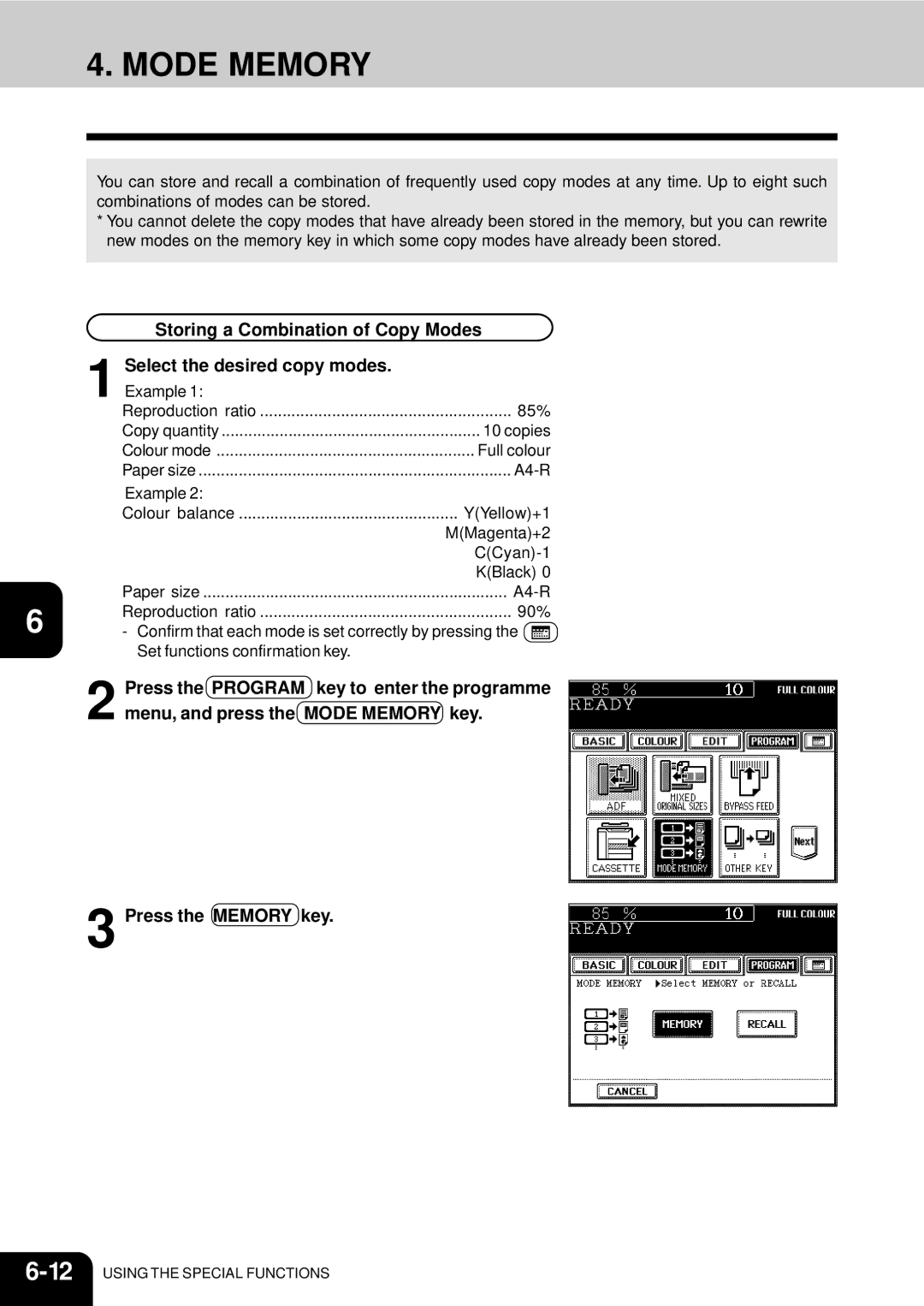 Toshiba 210C manual Mode Memory 