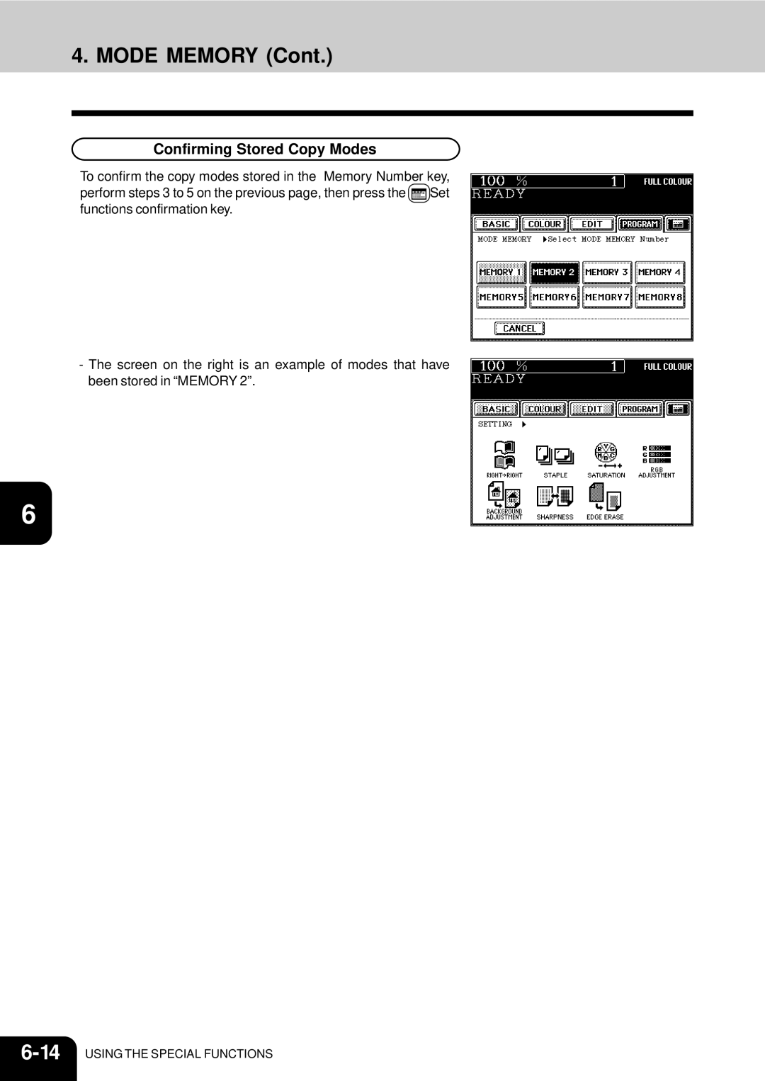 Toshiba 210C manual Mode Memory, Confirming Stored Copy Modes 