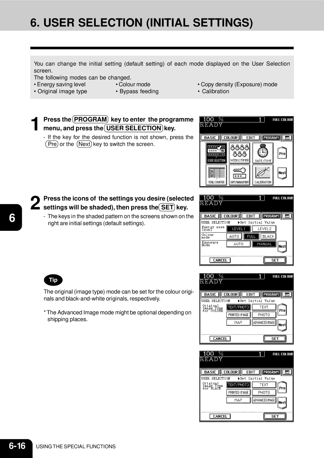 Toshiba 210C manual User Selection Initial Settings, Press the icons of the settings you desire selected 