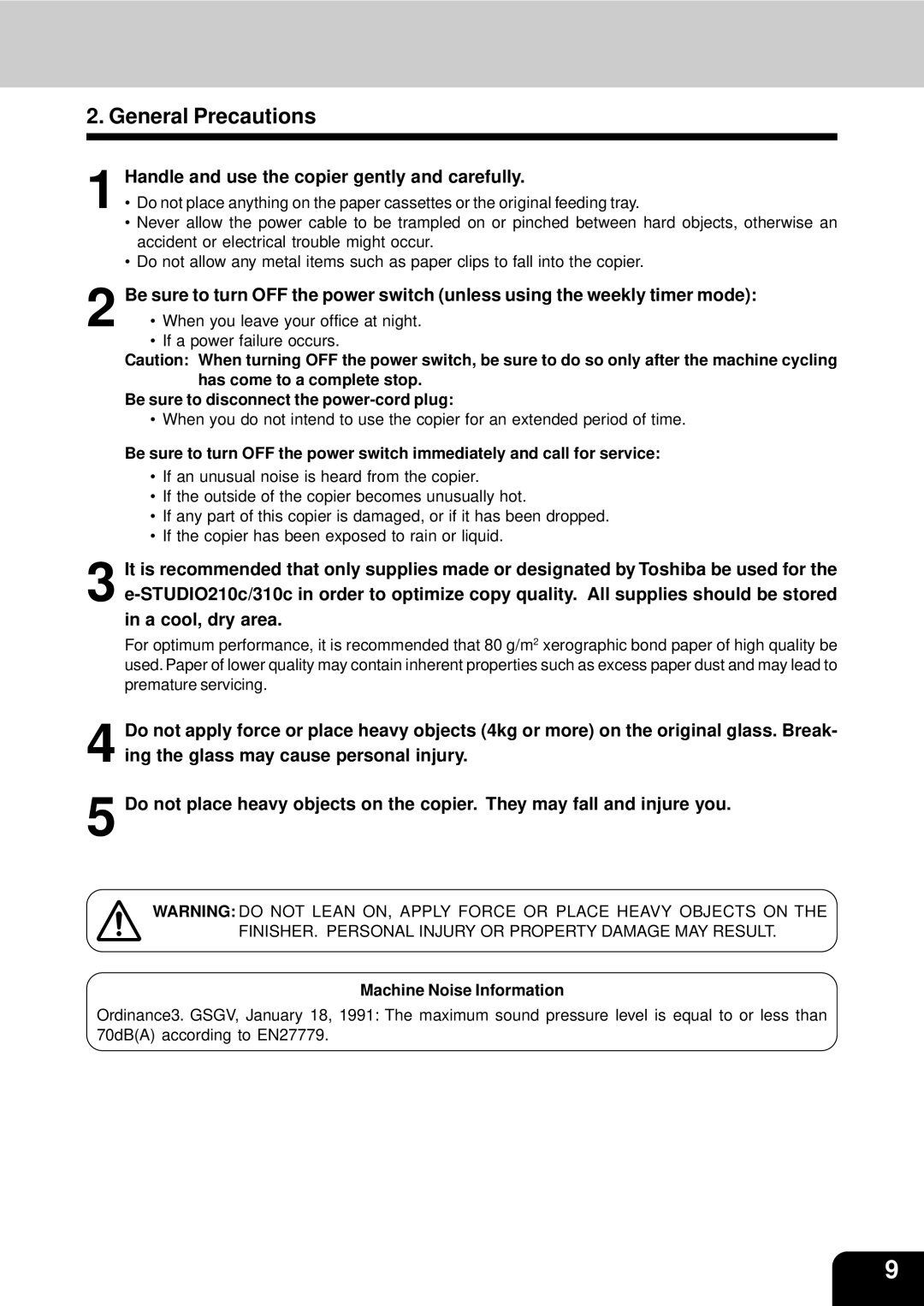 Toshiba 210C manual General Precautions, Handle and use the copier gently and carefully, Machine Noise Information 