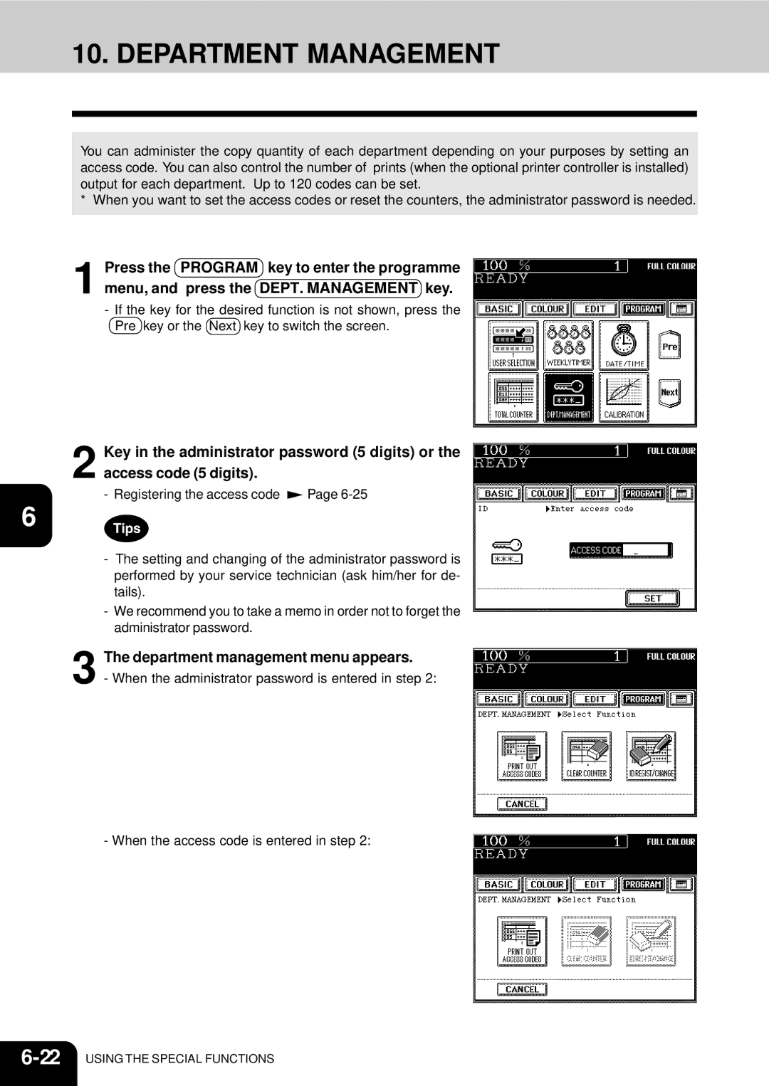 Toshiba 210C manual Department Management, Department management menu appears 