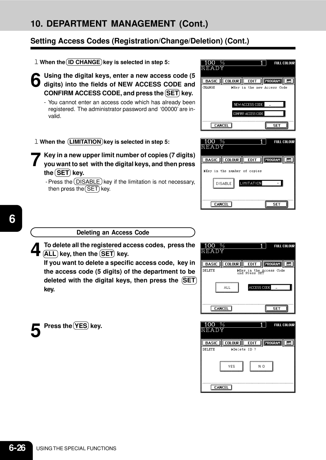 Toshiba 210C manual When the ID Change key is selected in step, When the Limitation key is selected in step 