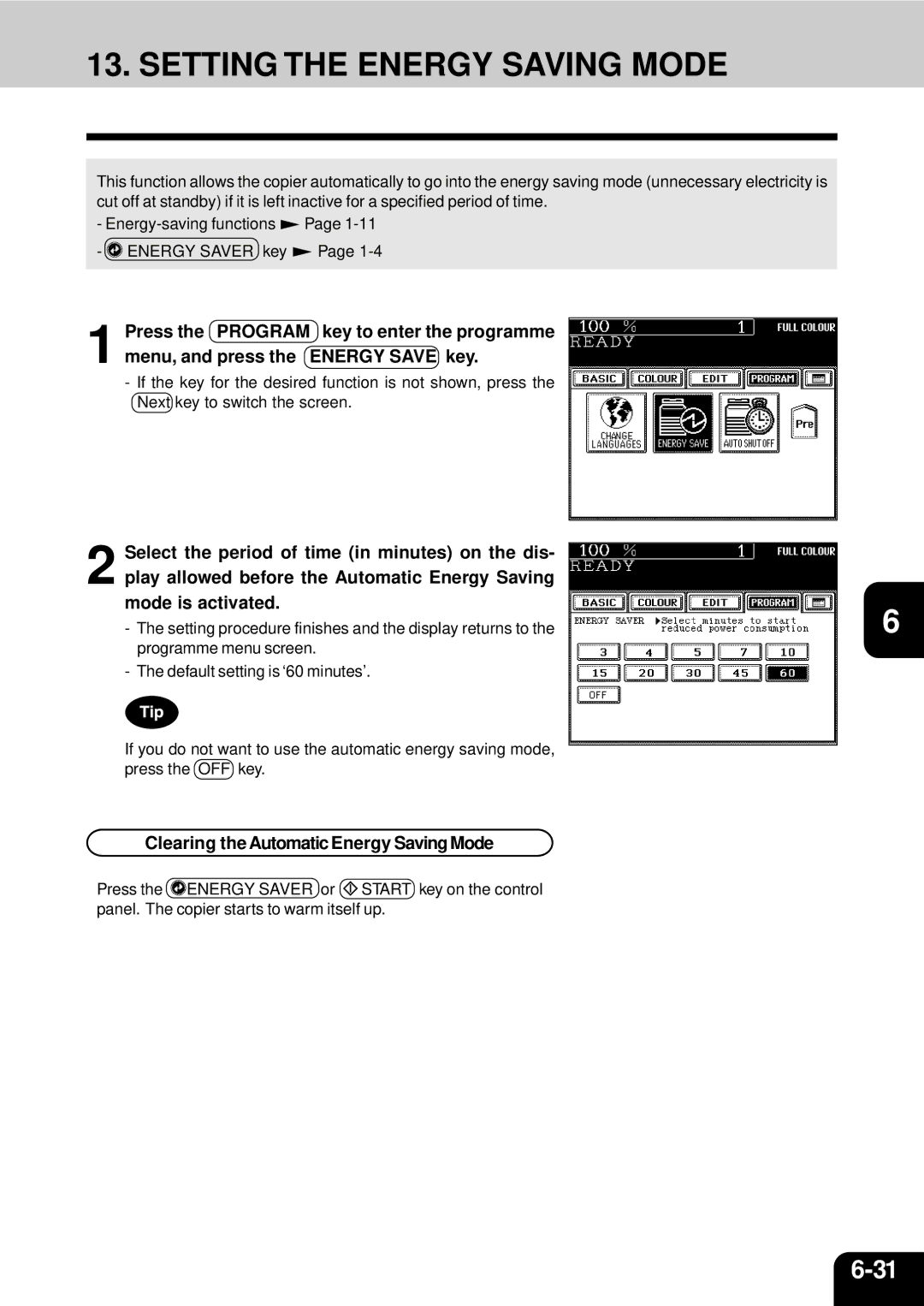 Toshiba 210C manual Setting the Energy Saving Mode, Clearing the Automatic Energy Saving Mode 