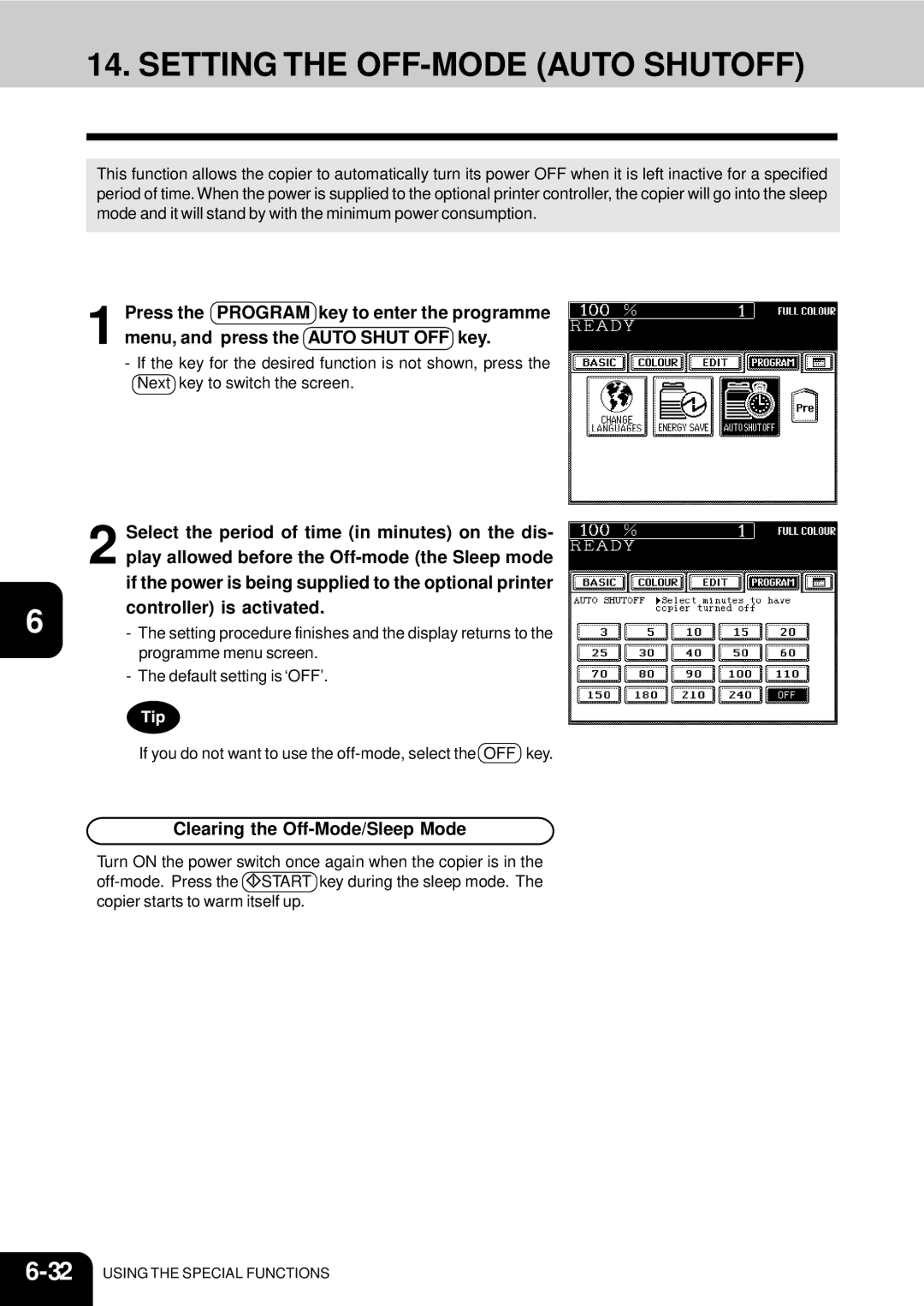 Toshiba 210C Setting the OFF-MODE Auto Shutoff, Select the period of time in minutes on the dis, Controller is activated 