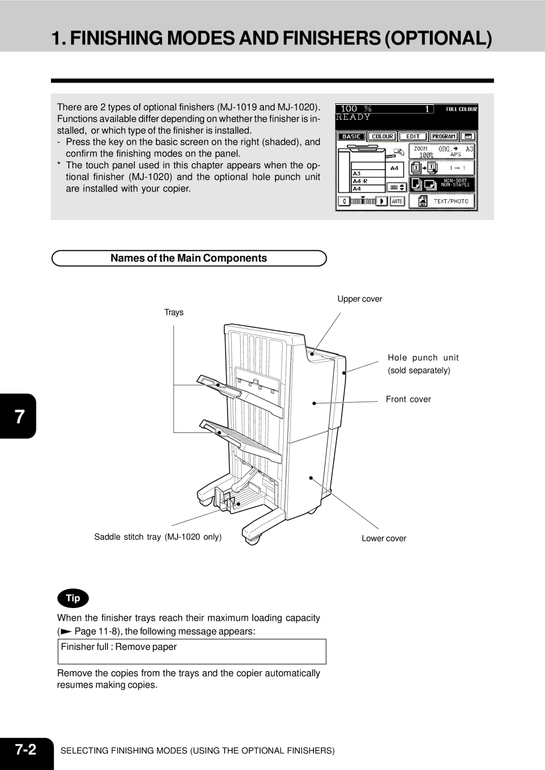 Toshiba 210C manual Finishing Modes and Finishers Optional, Names of the Main Components 