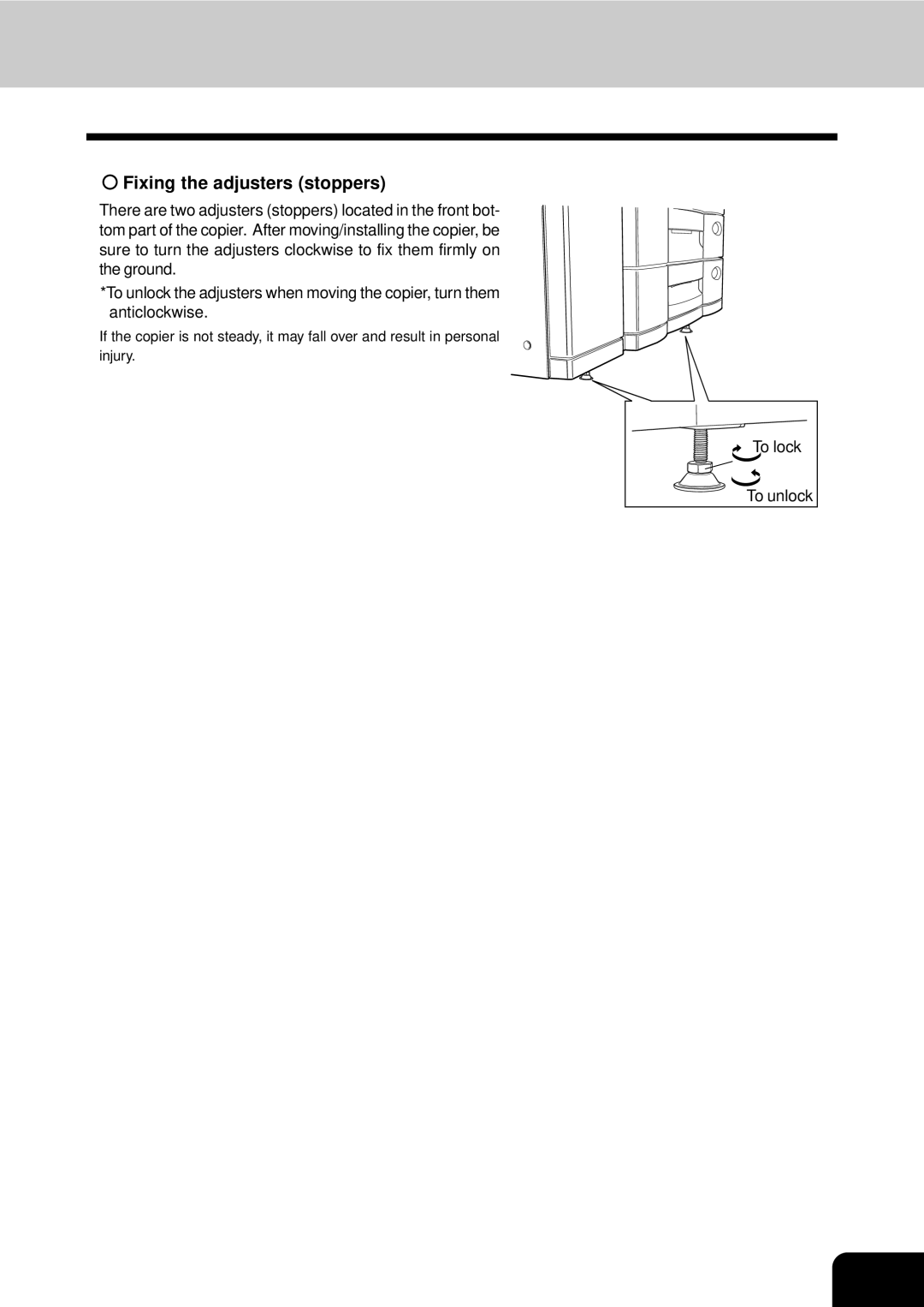 Toshiba 210C manual Fixing the adjusters stoppers 