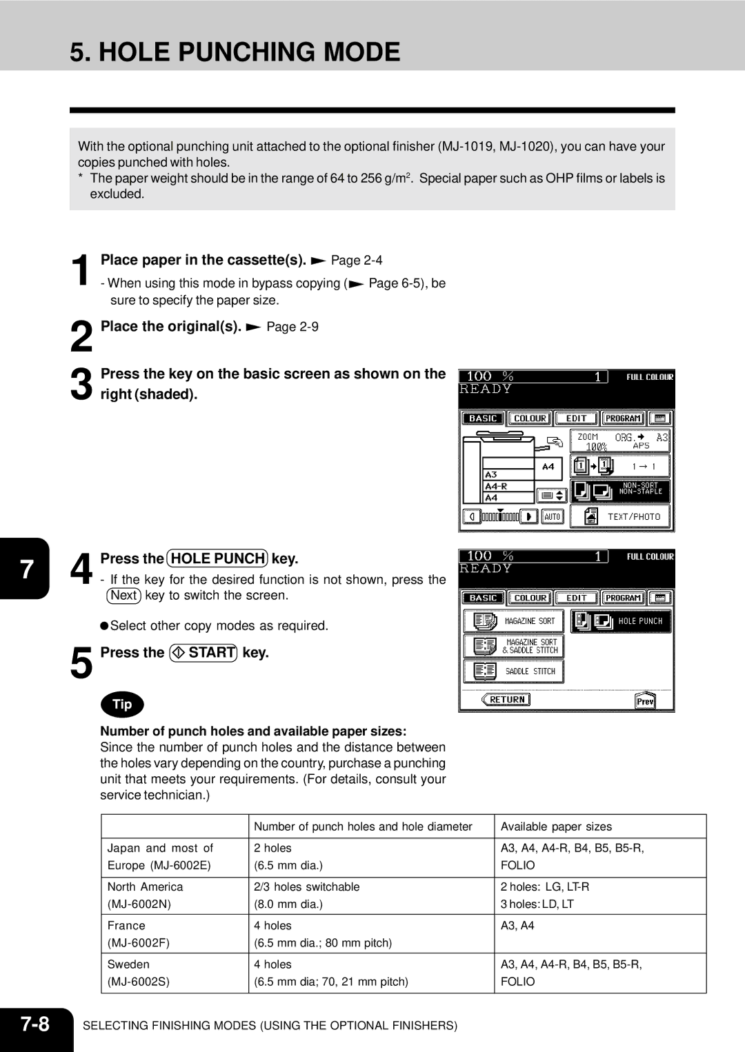 Toshiba 210C manual Hole Punching Mode, Number of punch holes and available paper sizes 