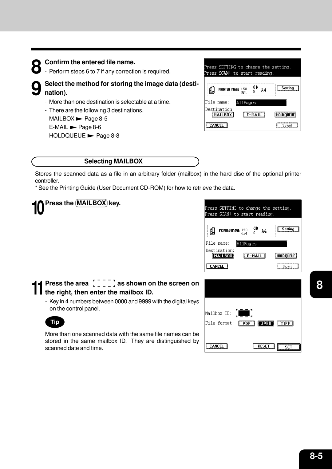 Toshiba 210C Confirm the entered file name, Select the method for storing the image data desti- nation, Selecting Mailbox 