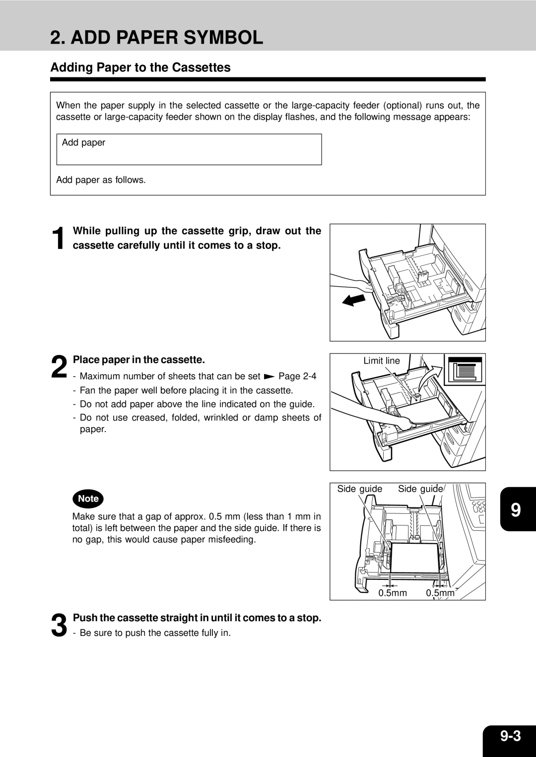 Toshiba 210C manual ADD Paper Symbol, Adding Paper to the Cassettes 