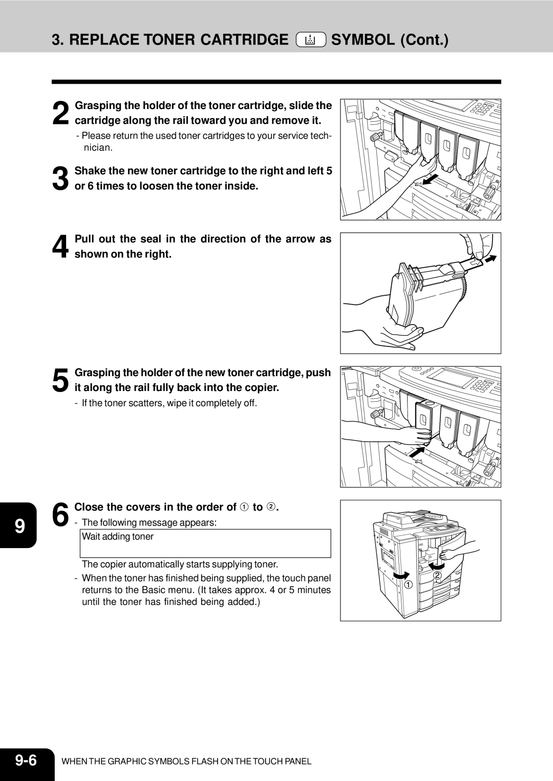 Toshiba 210C manual Replace Toner Cartridge Symbol, Close the covers in the order of to 