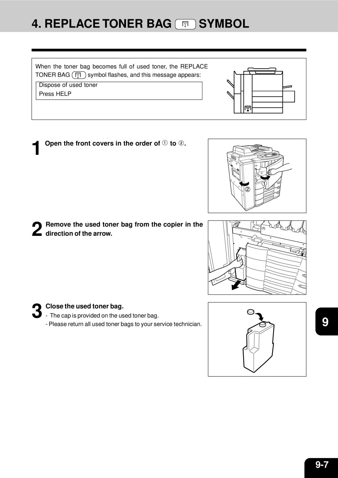 Toshiba 210C manual Replace Toner BAG Symbol 