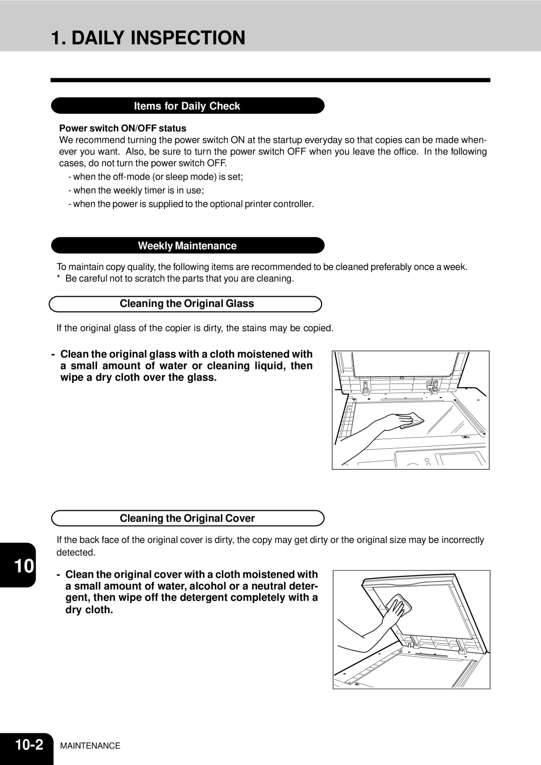 Toshiba 210C manual Daily Inspection, Cleaning the Original Glass, Power switch ON/OFF status 