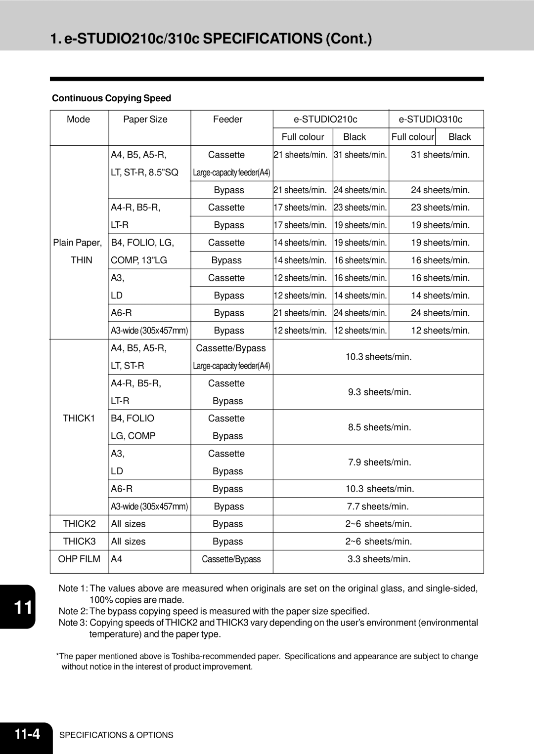 Toshiba 210C manual STUDIO210c/310c Specifications, Continuous Copying Speed 