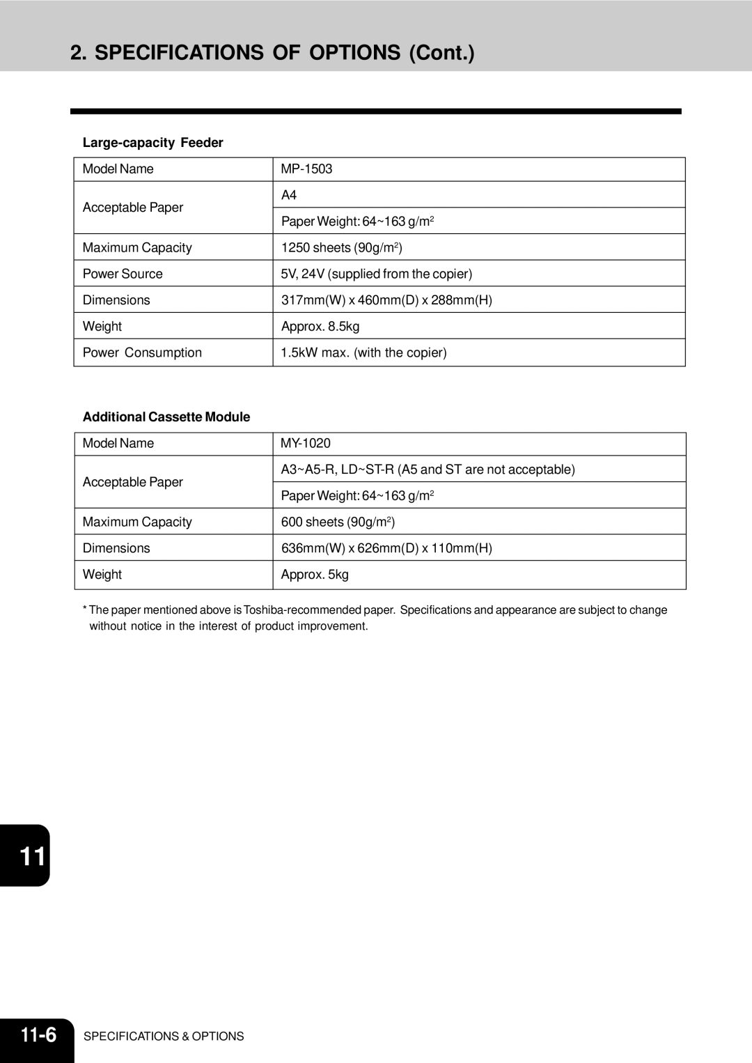 Toshiba 210C manual Specifications of Options, Additional Cassette Module 