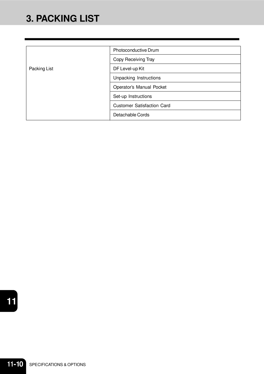 Toshiba 210C manual Packing List, 11-10SPECIFICATIONS & Options 