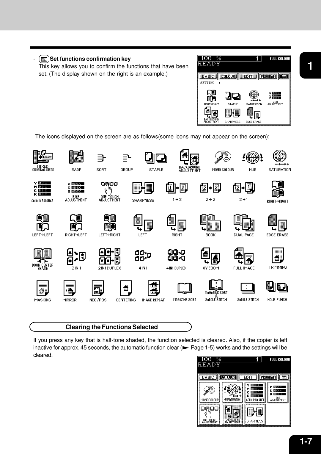 Toshiba 210C manual Clearing the Functions Selected, Set functions confirmation key 