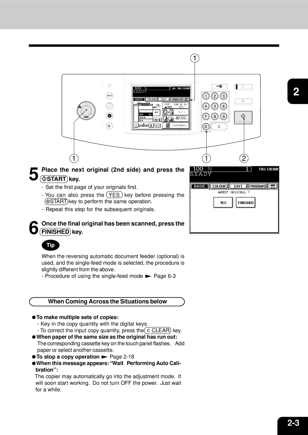 Toshiba 210C manual Place the next original 2nd side and press the Start key, When Coming Across the Situations below 