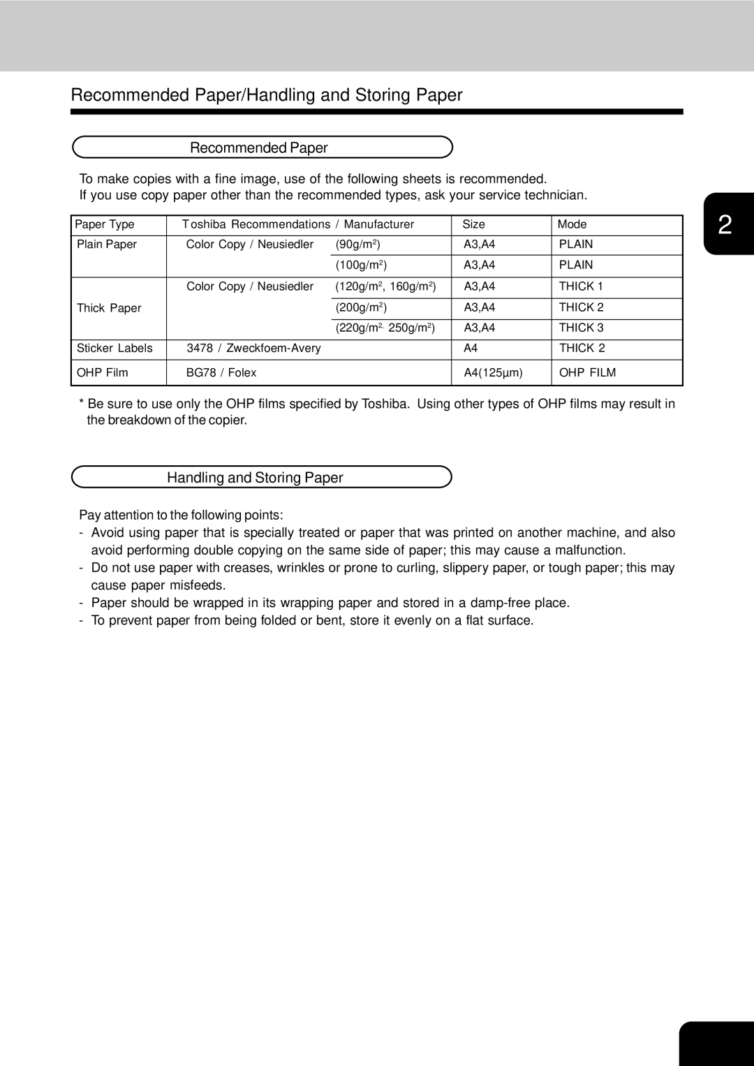 Toshiba 210C manual Recommended Paper/Handling and Storing Paper, Pay attention to the following points 