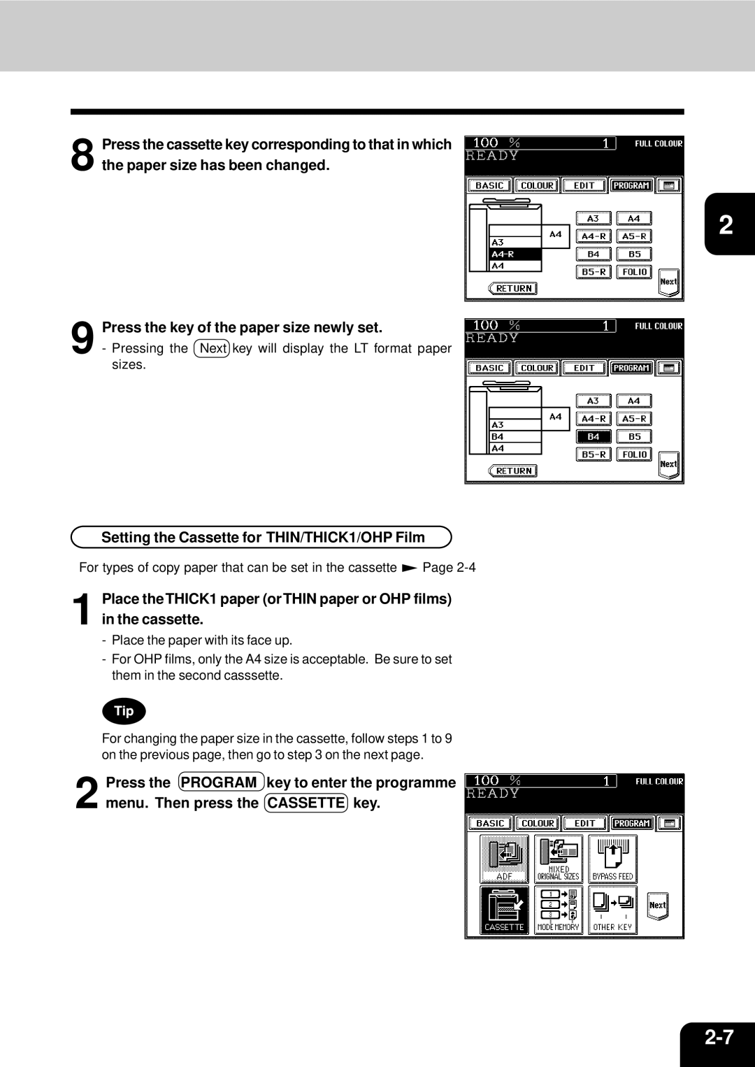 Toshiba 210C manual Setting the Cassette for THIN/THICK1/OHP Film 