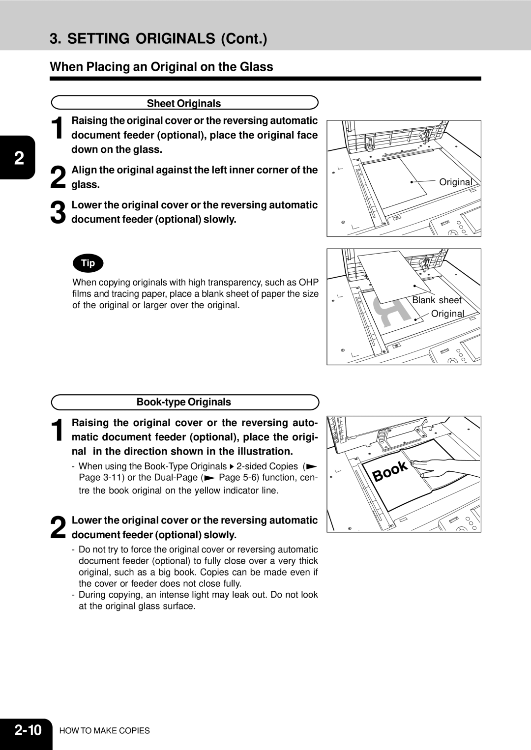 Toshiba 210C manual Setting Originals, When Placing an Original on the Glass 