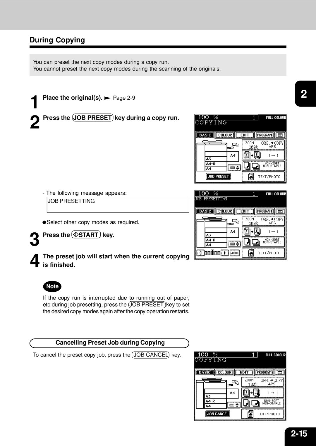 Toshiba 210C manual During Copying, Cancelling Preset Job during Copying 