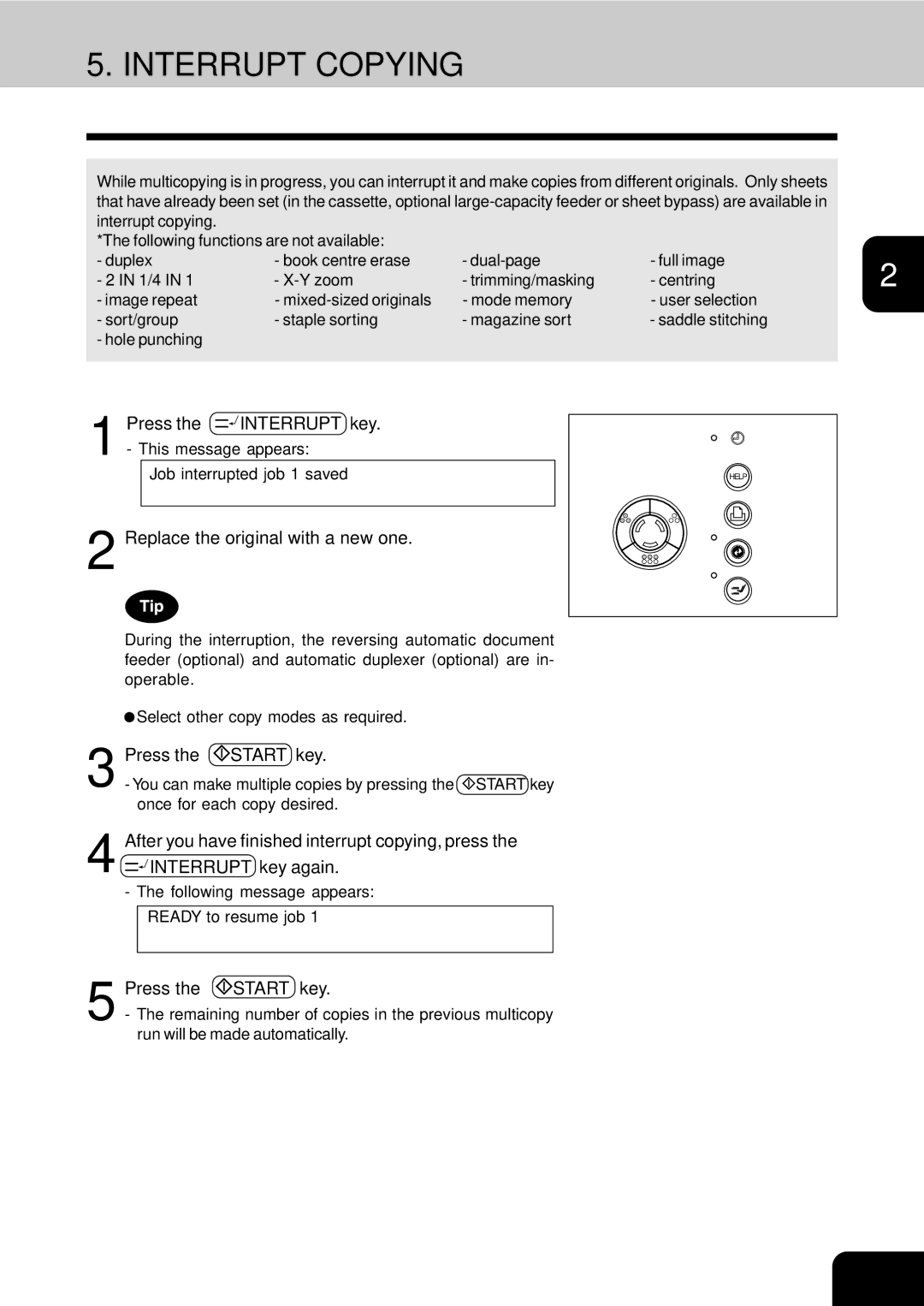 Toshiba 210C manual Interrupt Copying, Replace the original with a new one 