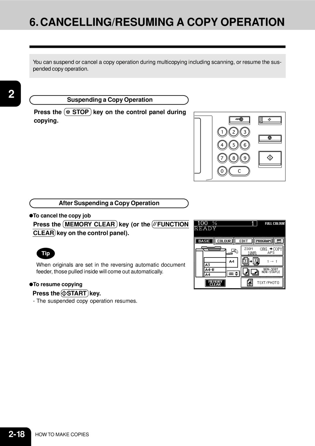 Toshiba 210C manual CANCELLING/RESUMING a Copy Operation, To cancel the copy job, To resume copying 