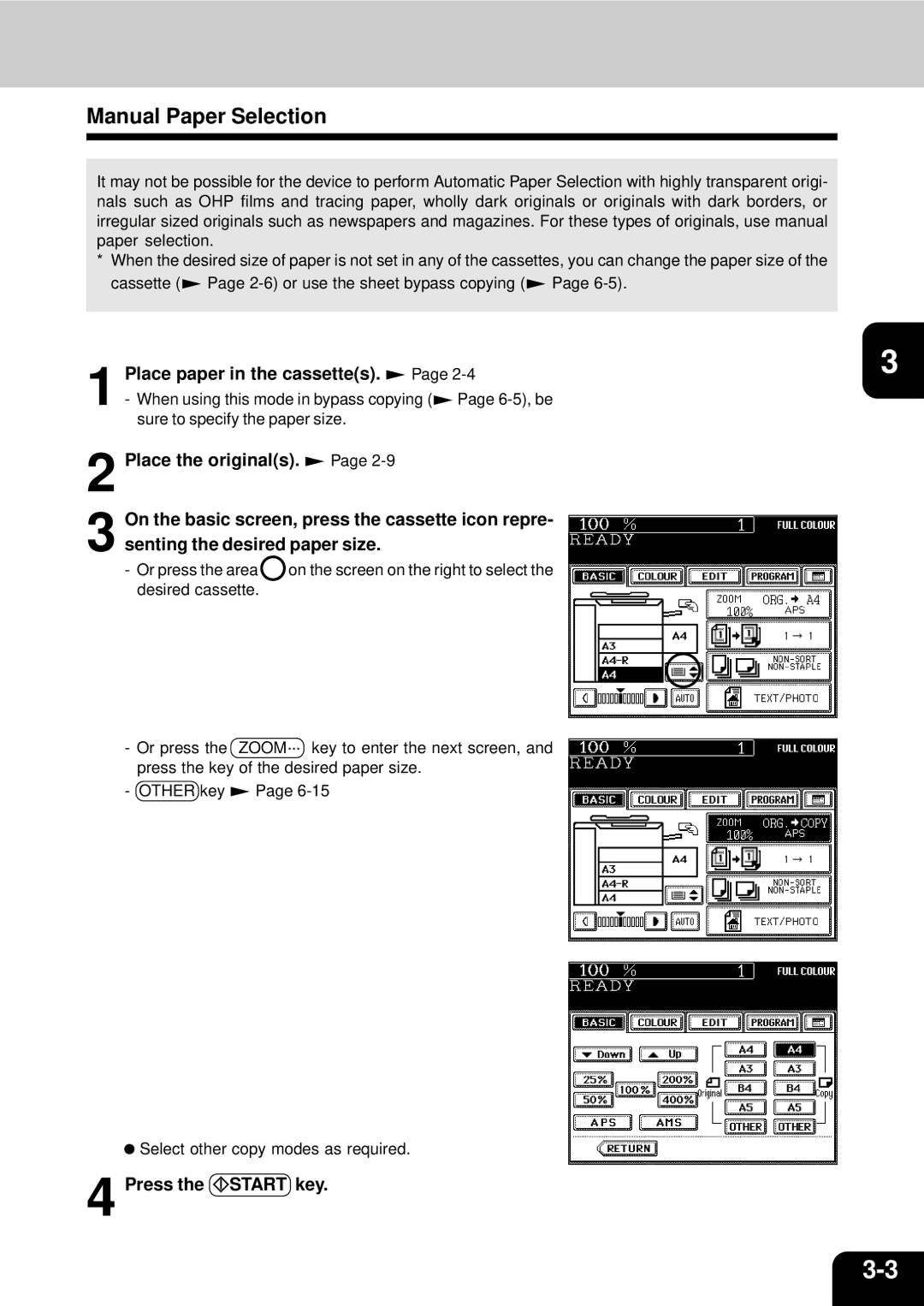 Toshiba 210C manual Manual Paper Selection, Place paper in the cassettes 