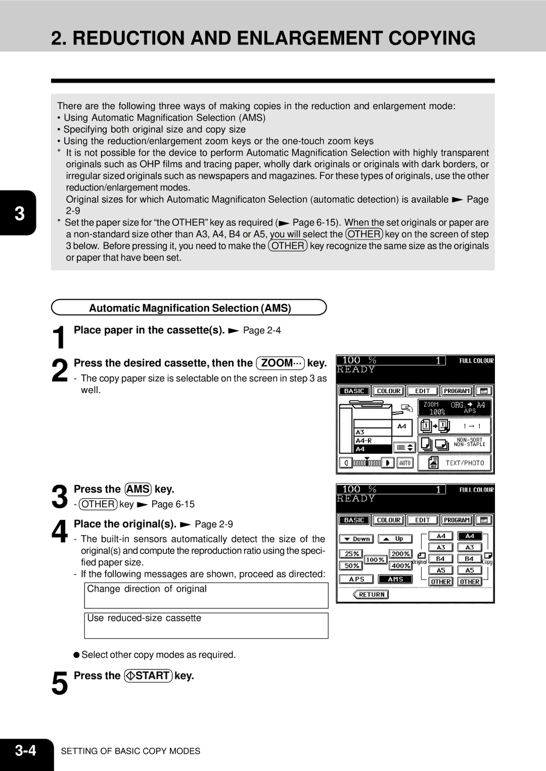 Toshiba 210C manual Reduction and Enlargement Copying, Press the AMS key 