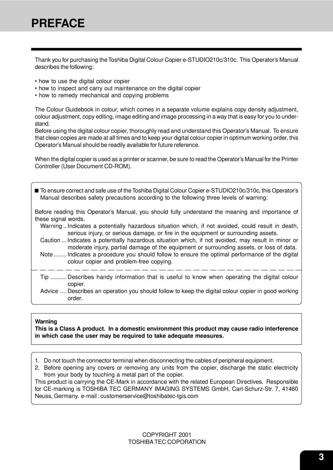 Toshiba 210C manual Preface 