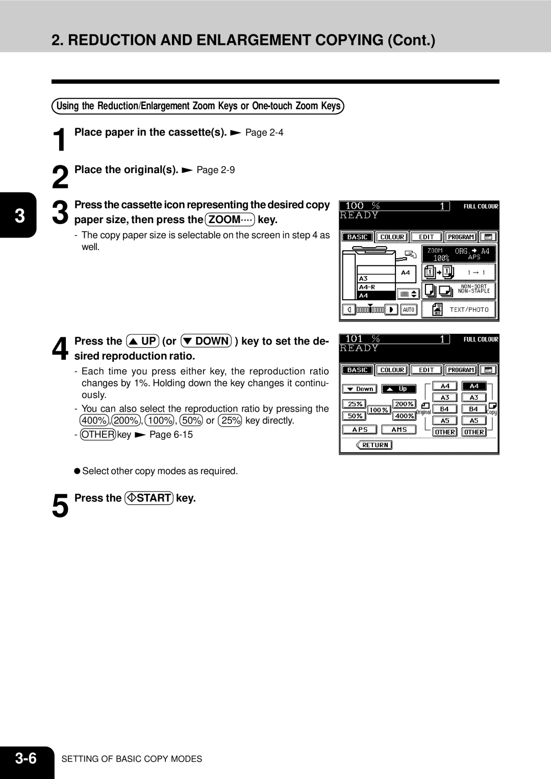 Toshiba 210C manual Reduction and Enlargement Copying, Paper size, then press the ZOOM···· key 