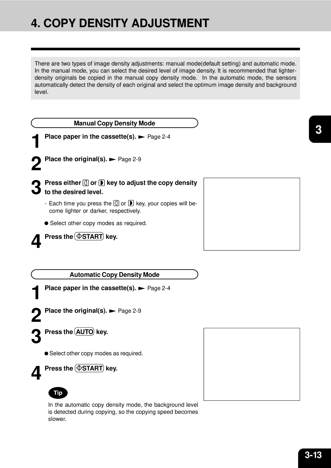 Toshiba 210C manual Copy Density Adjustment, Press the Start key 