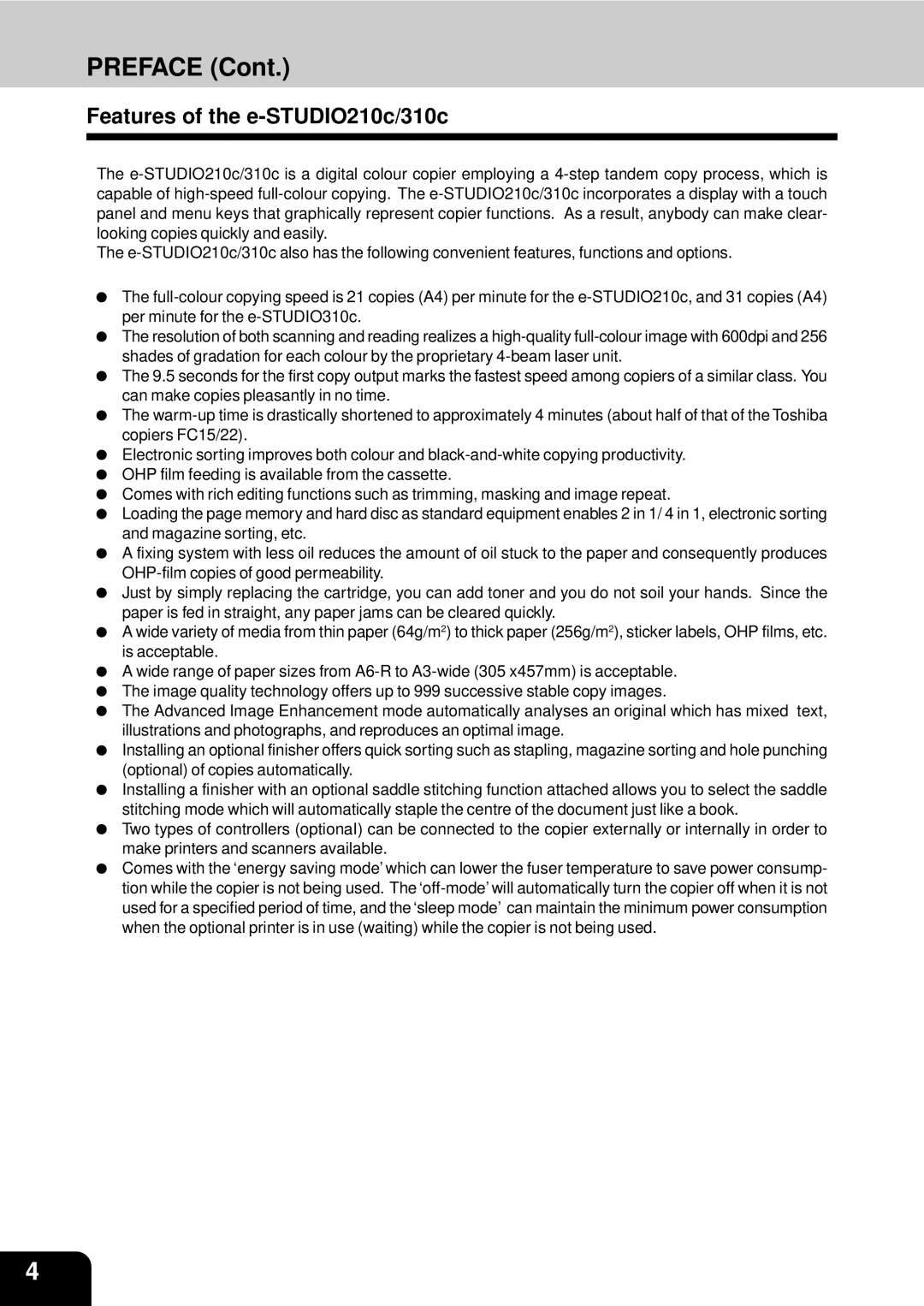 Toshiba 210C manual Preface, Features of the e-STUDIO210c/310c 