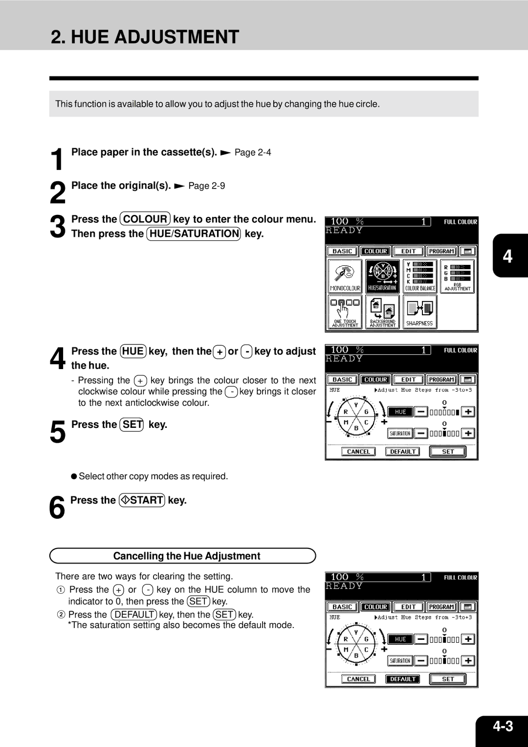 Toshiba 210C manual HUE Adjustment, Press the SET key, Press the Start key Cancelling the Hue Adjustment 