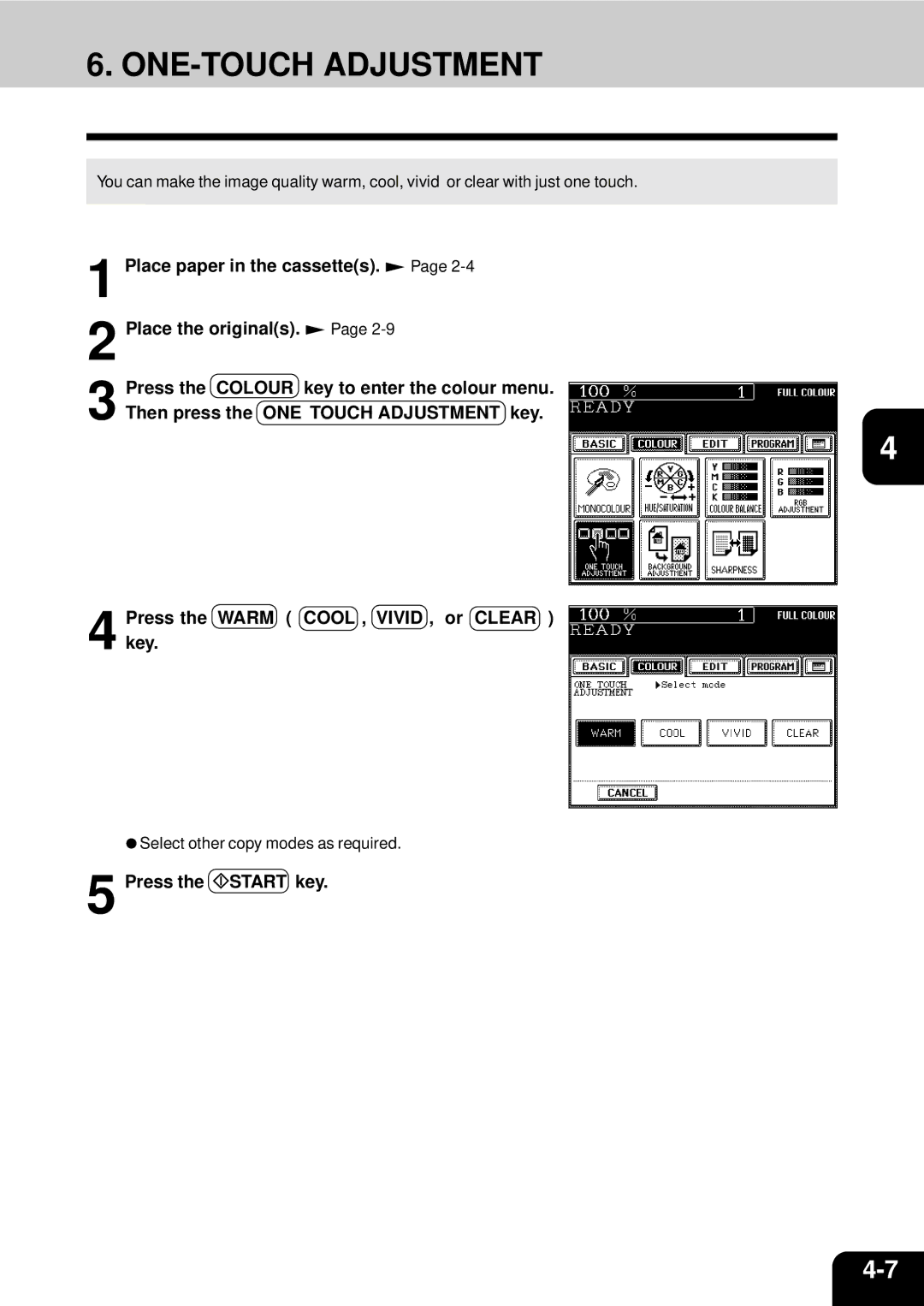 Toshiba 210C manual ONE-TOUCH Adjustment, Press the Start key 